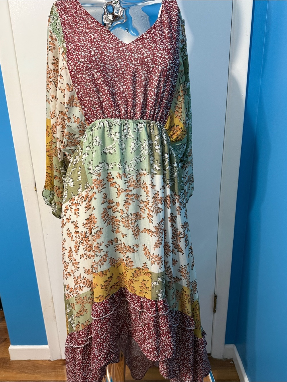 Boho Patchwork Floral Maxi Dress in Olive, Mustard & Burgundy